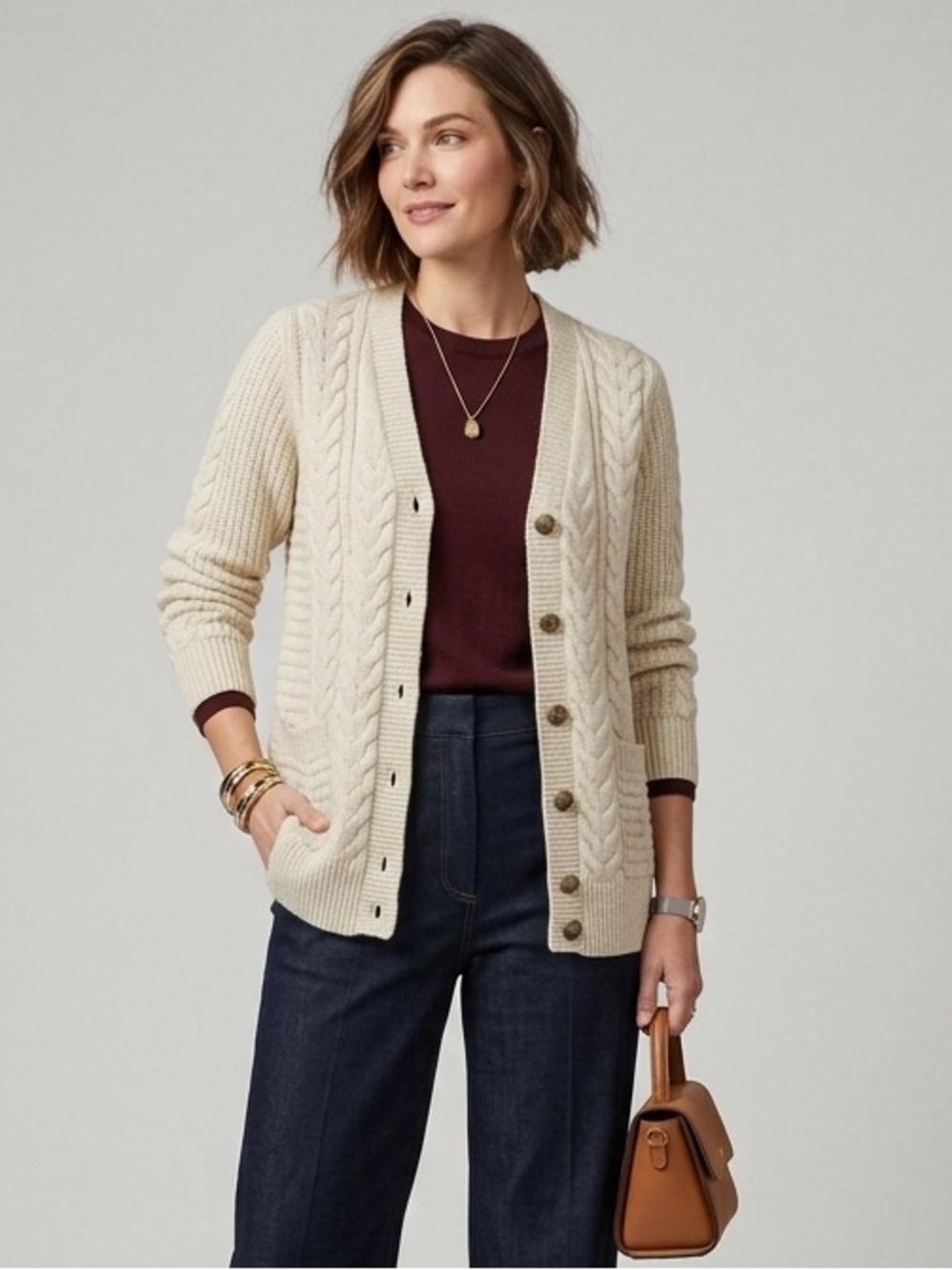 GAP Women's Oversized Cream Cable Knit Cardigan Sweater Cotton/Wool Blend